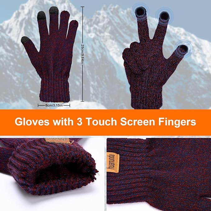 3PCS Winter Beanie Hat Scarf Touchscreen Gloves Set for Men and Women, Knitted Fleece Lined Hats Thermal Gloves Long Scarf