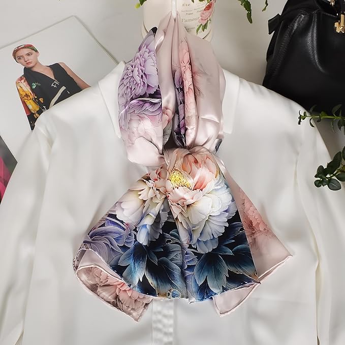 100% Mulberry Silk Scarf for Women Neck Oblong Headscarves Long Floral Print Lightweight Silk Wraps Shawls 67"*20"
