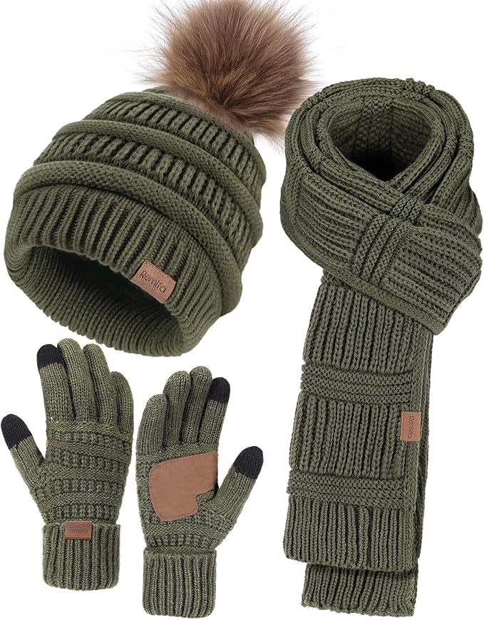 Remifa Winter Beanie Hat Scarf Gloves Set for Women, Slouchy Pom Pom Hat Long Knit Scarf Touchscreen Gloves Christmas Gifts