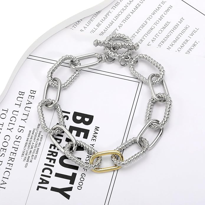 Mytys Link Bracelet for Women Gold and Silver 2 tone Circles Chain Wire Bangle Bracelets