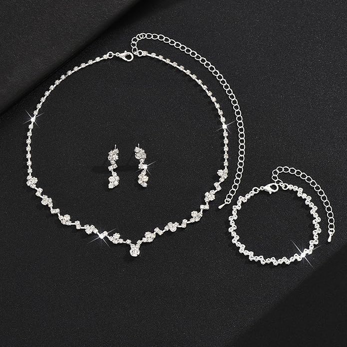 Wedding Jewelry Sets for Brides Silver Rhinestone Necklaces Earring Bracelet Set Wedding Sets for Women Prom Jewelry Sets for Women