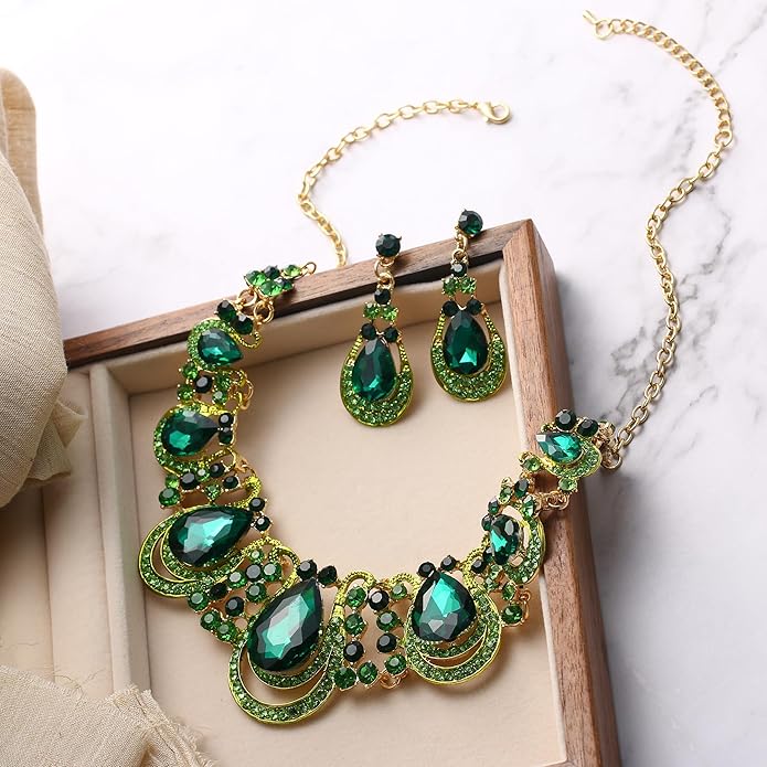 BriLove Women's Costume Fashion Crystal Teardrop Hollow Scroll Statement Necklace Dangle Earrings Set