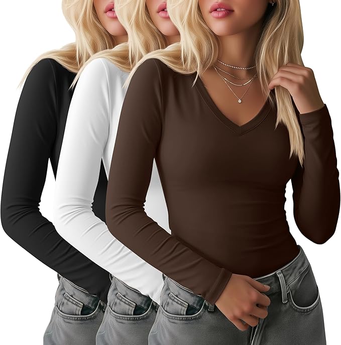Ficerd 3 Pack Women's Long Sleeve Shirts, V Neck Basic Tees Slim Fitted Casual Fall Tops Going Out Blouses T Shirts