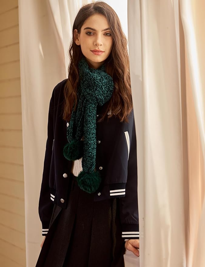Womens Chenille Scarf with Pompom Winter Knit Warm Scarves for Cold Weather with Gift Box