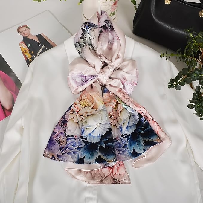 100% Mulberry Silk Scarf for Women Neck Oblong Headscarves Long Floral Print Lightweight Silk Wraps Shawls 67"*20"