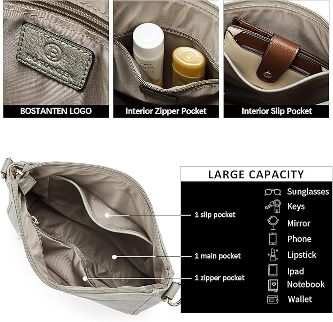 BOSTANTEN Crossbody Bags for Women Trendy Vegan Leather Hobo Purses Shoulder Handbags With Wide Shoulder Strap