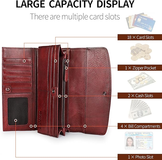 Wallets for Women Large Capacity Leather Clutch Wallet Card Organizer Women's Purse