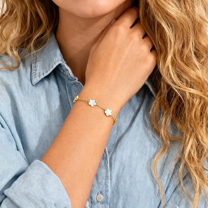 925 Sterling Silver Four Leaf Clover Bracelet for Women - 14K Gold Plated Flower Four Leaf Women's Lucky Bracelet Adjustable Link Chain Bracelets Charm Trendy Design Dainty Jewelry Gifts for Women