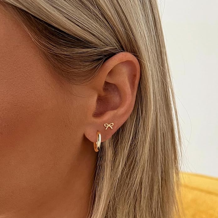 ASCOMY Gold Stud Earrings for Women - Dainty Bow 14K Gold/Silver Plated Pearl Earrings - Trendy Cute Ribbon Minimalist Jewelry Gifts for Her