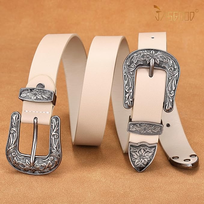 JASGOOD Double Buckle Western Belts For Woman Cowgirl Country Belt Vintage Black Leather Belt For Jeans Pants Dresses