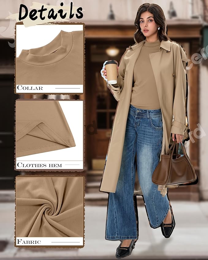 Ficerd 3 Pack Women's Mock Turtleneck Shirts, Long Sleeve Mock Neck Pullover Tops Slim Fitted Stretch Undershirt Tee Blouse