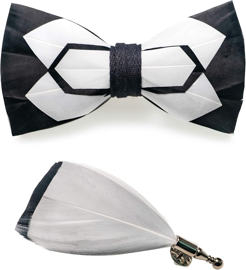 RBOCOTT Handmade Feather Pre-tied Bow tie and Brooch Sets for Men