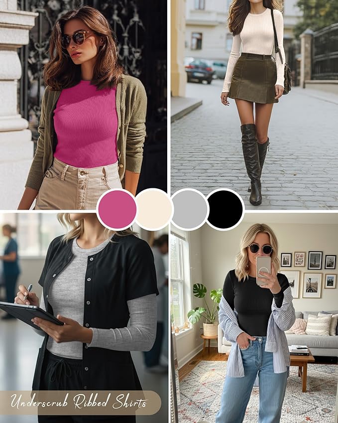 Neer 4 Pack Women's Ribbed Long Sleeve Shirts, Cotton Crew Neck Slim Fit Tops Stretch Knit Casual Base Layer Basic Tee Shirts
