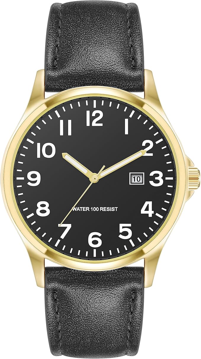 Amazon Essentials Men's Easy to Read 42mm Leather Band Analog Watch