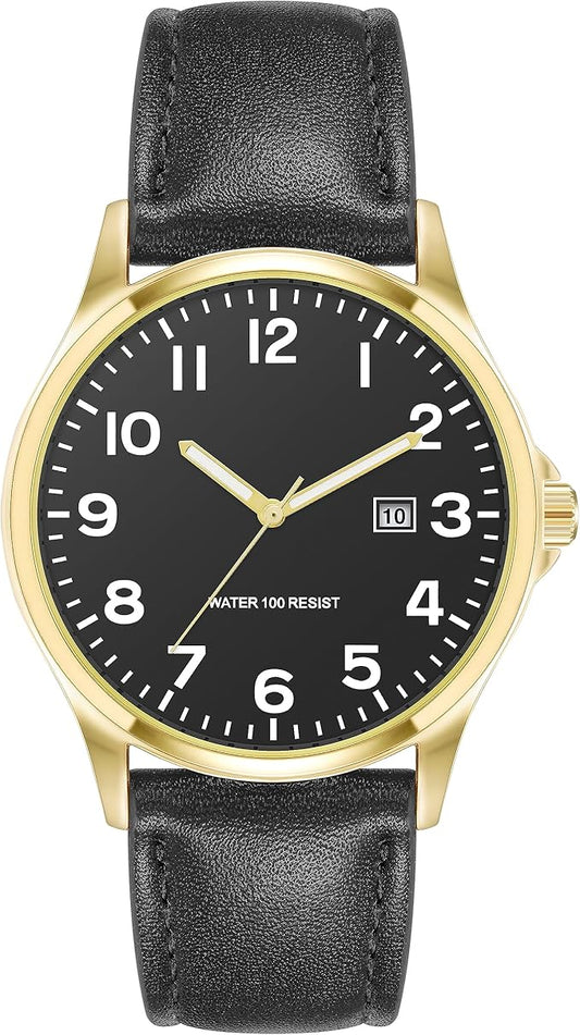 Amazon Essentials Men's Easy to Read 42mm Leather Band Analog Watch
