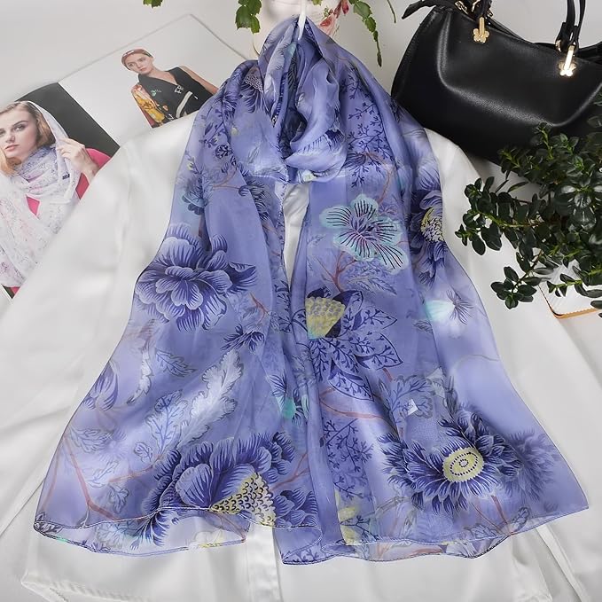 100% Mulberry Silk Women's Neck Silk Scarf-Lightweight Shawl,FLoral Print Beach Silk Wrap-Scarves for Photography