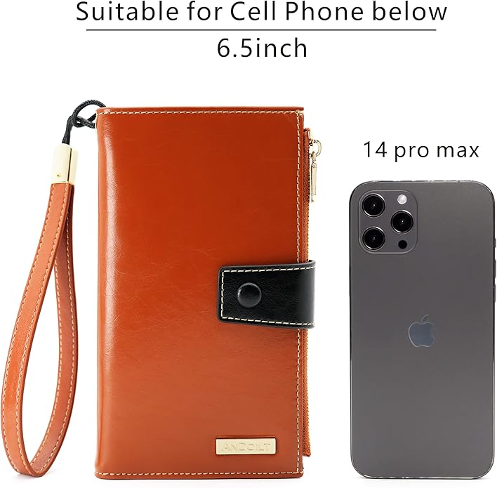 ANDOILT Wallet Women RFID Blocking Genuine Leather Bifold Multi Card Organizer Wristlet Purse Cell Phone Handbag
