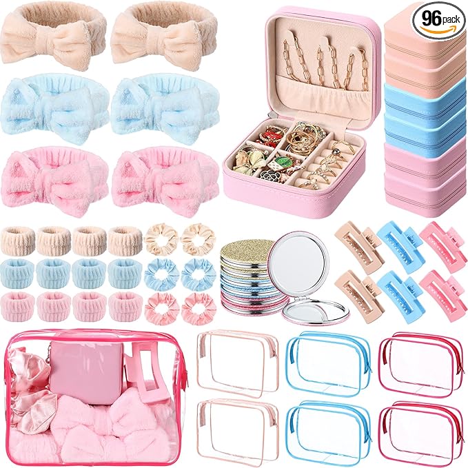 Spa Party Favors Pink Sleepover Party Supplies Bow Headband Wristband Scrunchies Hair Clip Jewelry Case Makeup Bag Mirror for Women Bridesmaid Return Gifts(Multicolor,96 Pcs)