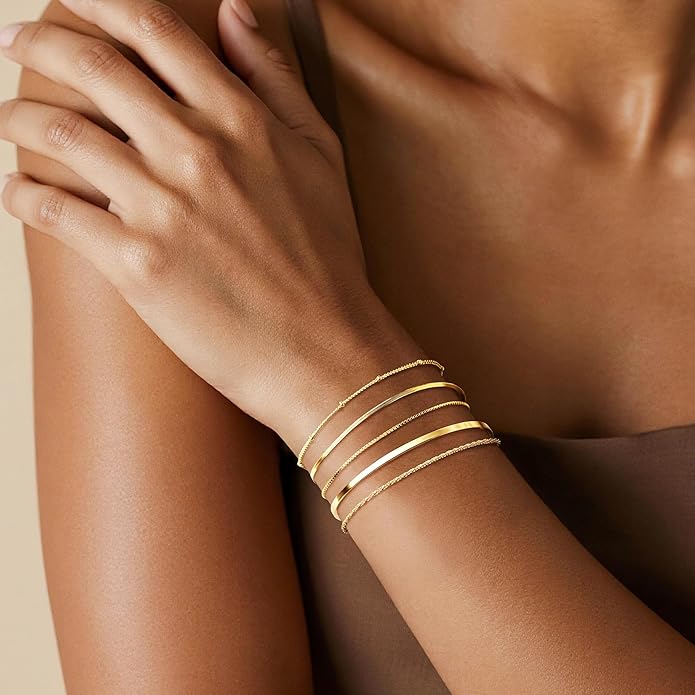 Dainty Thin Gold Bracelet for Women Stack, 14K Gold Plated Bracelet Stackable Set with Bangle Cuff, Box, Herringbone, Paperclip, Figaro, Sparkling Link Chains, Simple Waterproof Non Tarnish Minimalist Gifts for Women Trendy
