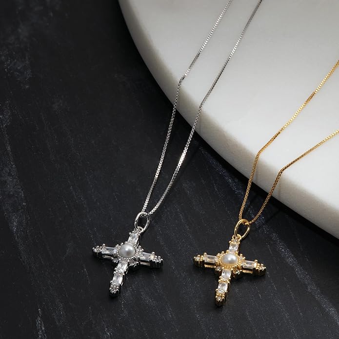 Milla 14K Gold Plated Cross Necklace for Women, Silver Cross Necklaces for Women, 18 inches Chain with Cross Pendant