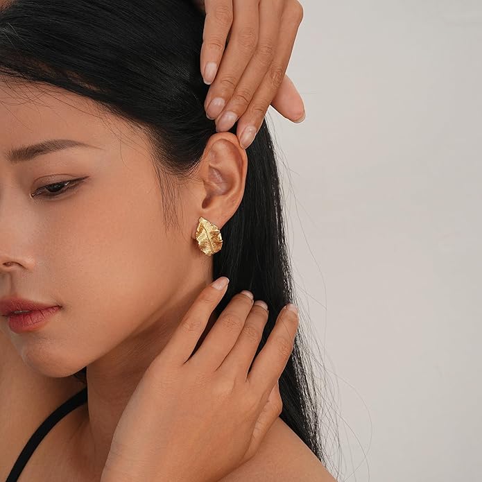 Large Gold Earrings for Women, Chunky Gold Statement Drop Dangle Earring Maple Leave Ginko Leaf Jewelry Gifts