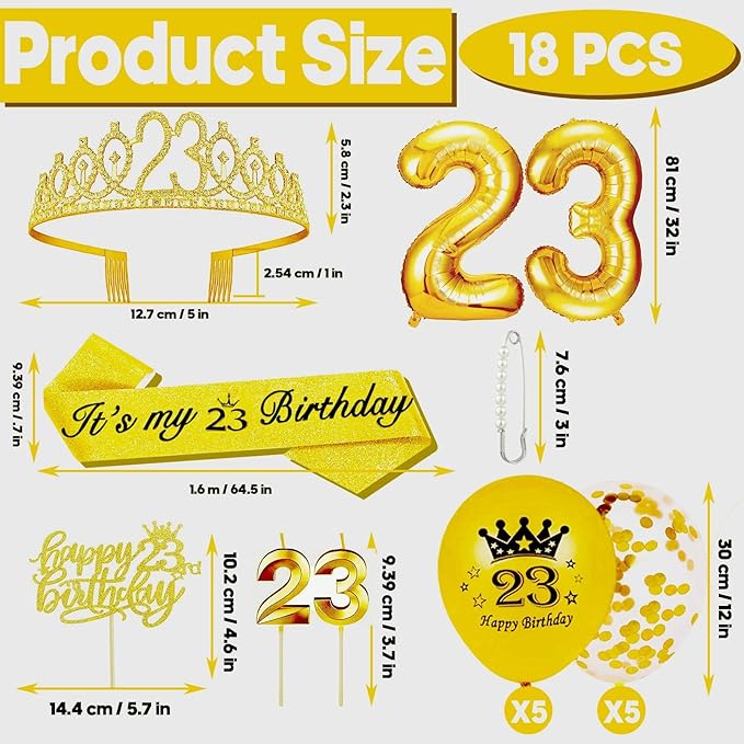 Girls 23rd Birthday Decorations Set, Include Crown, Sash, Cake Topper, Candles, Gold Balloons, Party Supplies