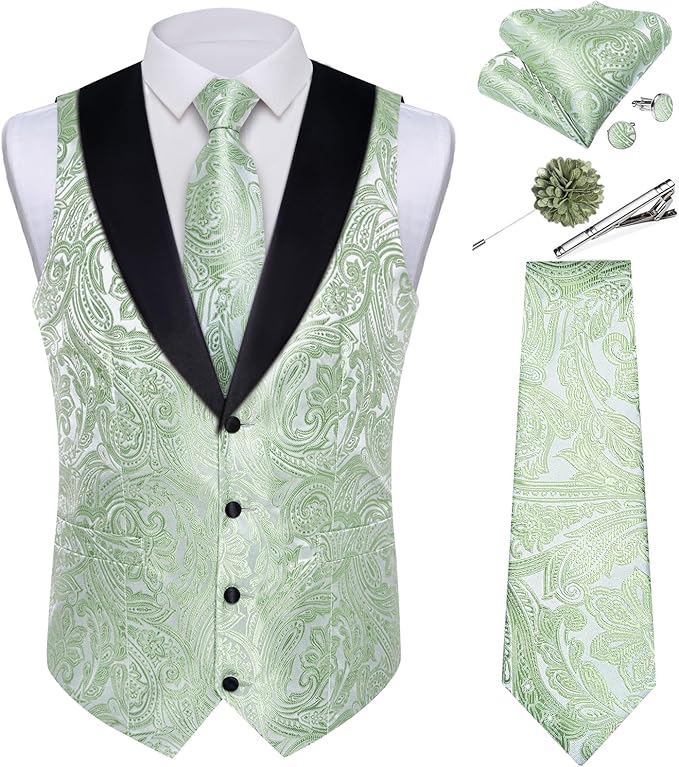 DiBanGu Mens Paisley Suit Vest Silk Jacquard Waistcoat and Necktie Set Formal Shawl Collar Dress Vest 7PCS for Wedding Party