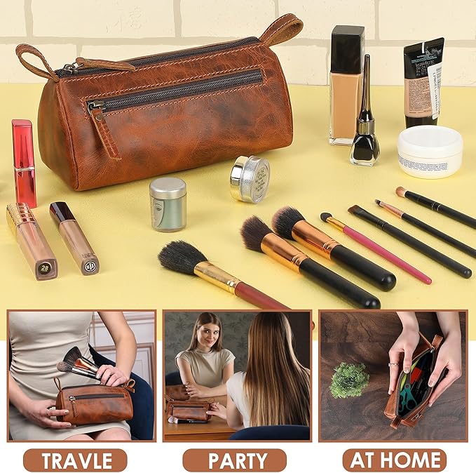 Leather Makeup Bag Small Cosmetics Case for Purse Multipurpose Zippered Pouch for Travel Compact Leather Stationary Organizer Pencil Pouch Gift for Everyday Use