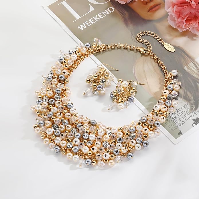 Bocar Fashion Crystal Chunky Collar Statement Necklace Earring Set for Women Gift (NK-10260)