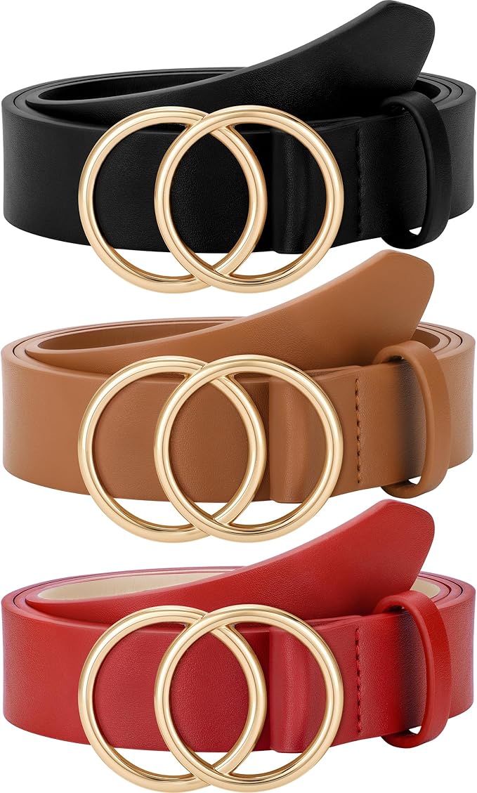 SUOSDEY Women Leather Belt Fashion Double O-Ring Soft Faux Leather Waist Belts For Jeans Dress