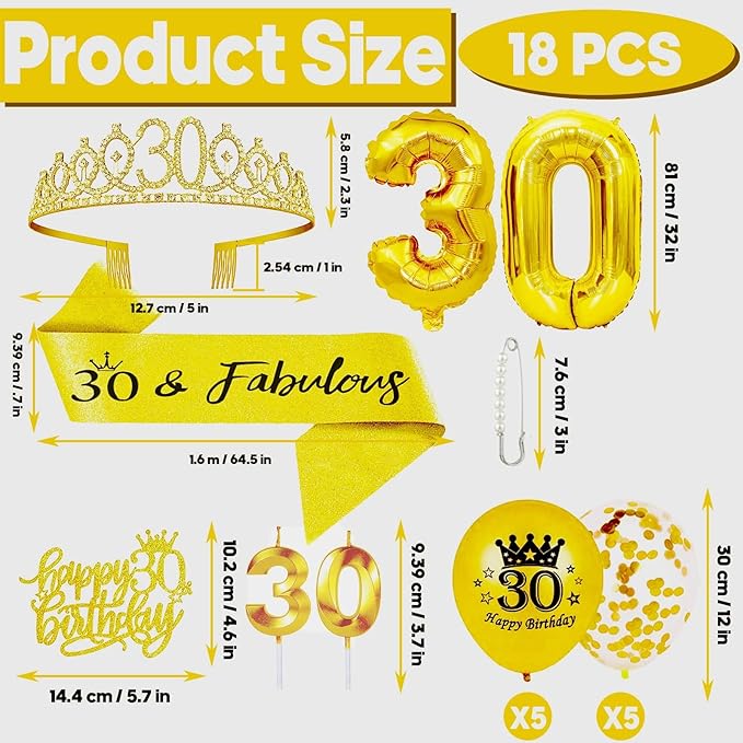 30th Birthday Decorations for Her Girls Set, Include 30th Birthday Crown and 30 Sash, 30th Birthday Cake Topper and 30 Birthday Candles, Gold 30 Balloons, Women 30th Party Supplies(Gold)