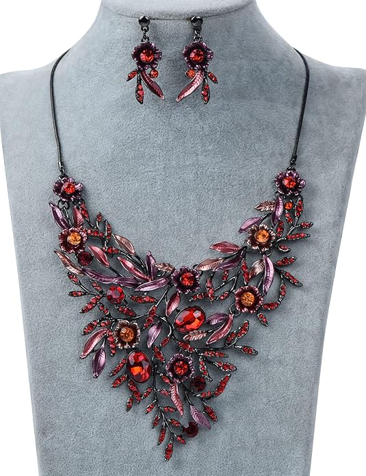 Vintage Women Beautiful Crystal Flower Enamel Blossom Flower Collar Bib Statement Necklace and Earrings Set for Women Wedding Bridal Prom