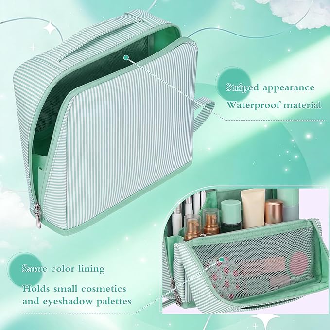 Striped Makeup Bag Large Cosmetic Bags for Women Gift with Brush Loops Mesh Pocket Wrist Strap Travel Organizer Storage Pouch Toiletry Case with Divider for Mirror(Fresh Green)