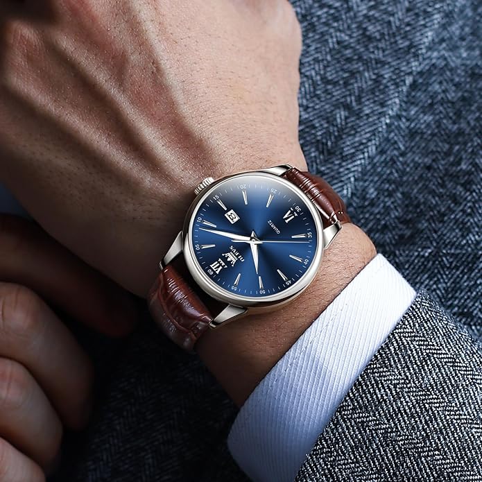 OLEVS Mens Watches, Dress Waterproof Classic Analog Casual Luxury Wrist Watch for Men with Date, Easy to Read Relojes para Hombres Male Quartz Wristwatch with Brown Black Leather Band Blue Black Dial