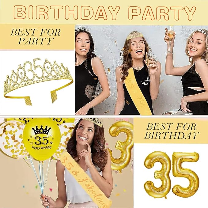 35th Birthday Decorations for Her Girls Set, Include 35th Birthday Crown and 35 Sash, 35th Birthday Cake Topper and 35 Birthday Candles, Gold 35 Balloons, Women 35th Party Supplies(Gold)