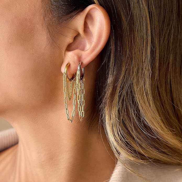 Tassel Chain Hoop Earrings for Women Trendy Two Tone Dangling Chain Earrings Hypoallergenic Fashion Jewelry Gifts