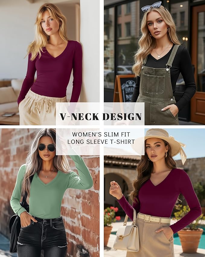 Ficerd 3 Pack Women's Long Sleeve Shirts, V Neck Basic Tees Slim Fitted Casual Fall Tops Going Out Blouses T Shirts