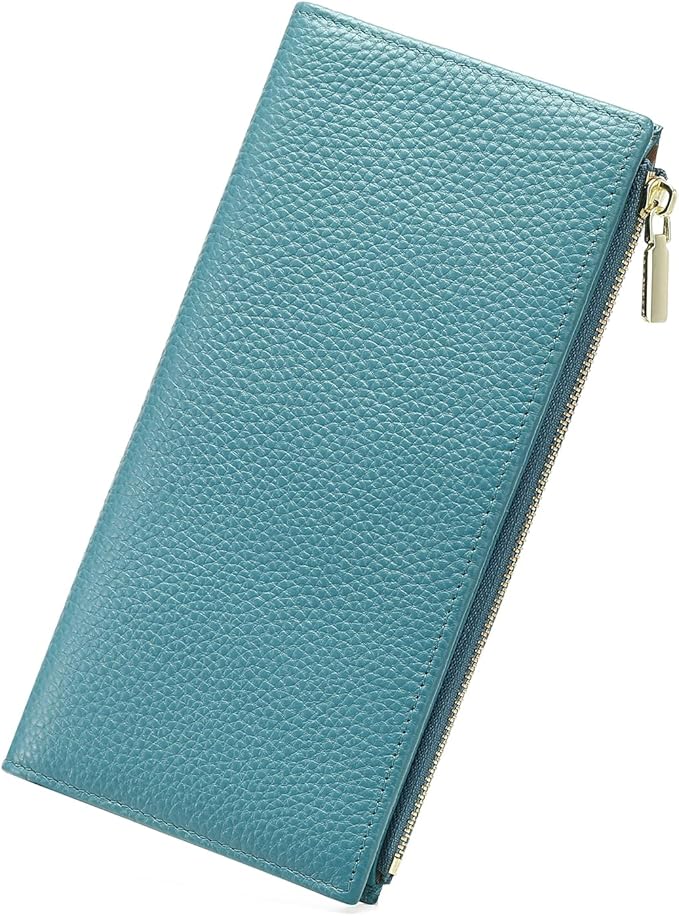 Slim Blue Wallet for Women, RFID Blocking Genuine Leather Bifold with Secure Zippered Coin Pocket (Blue)