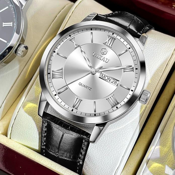 Leather Band Mens Watches with Day Date Quartz Analog Large Face Classic Watch Roman Numerals Dress Luminous Rlojes para Hombres