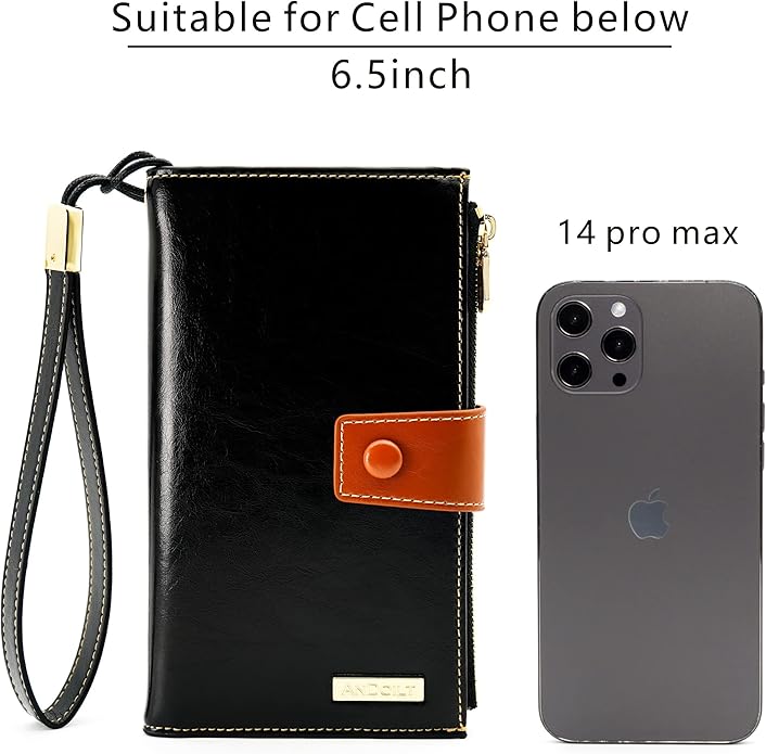 ANDOILT Wallet Women RFID Blocking Genuine Leather Bifold Multi Card Organizer Wristlet Purse Cell Phone Handbag