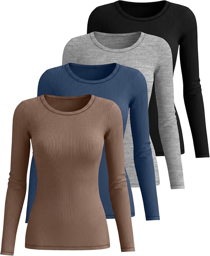 Neer 4 Pack Women's Ribbed Long Sleeve Shirts, Cotton Crew Neck Slim Fit Tops Stretch Knit Casual Base Layer Basic Tee Shirts