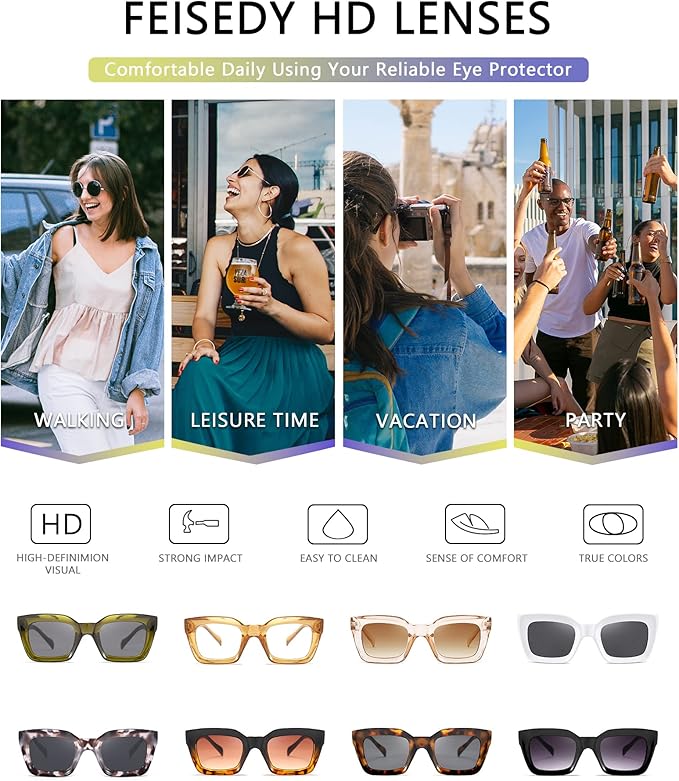 FEISEDY Classic Women Sunglasses Fashion Thick Square Sun Glasses Chunky Frame UV400 B2471