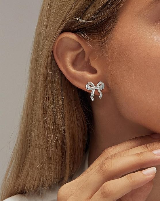 ASCOMY Gold Stud Earrings for Women - Dainty Bow 14K Gold/Silver Plated Pearl Earrings - Trendy Cute Ribbon Minimalist Jewelry Gifts for Her