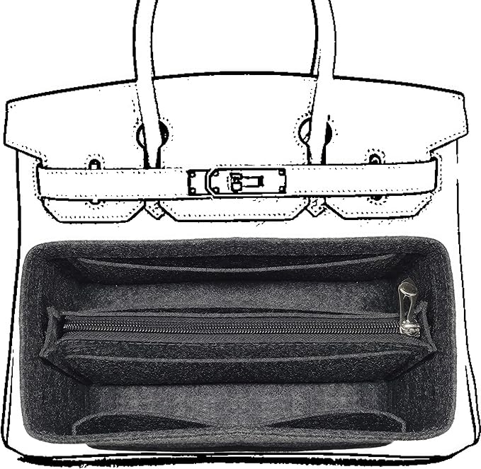 Purse Organizer Insert For Birkin 25 Bag, Felt Insert Organizer With Zipper, Large Capacity,Women’s Handbags Shaper (25,Gray)