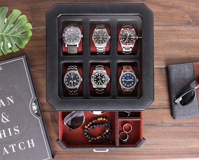 ROTHWELL 6 Slot Leather Watch Box with Valet Drawer - Luxury Watch Case Display Organizer, Microsuede Liner, Locking Mens Jewelry Watches Holder, Men's Storage Boxes Holder Large Glass Top (Black/Red)