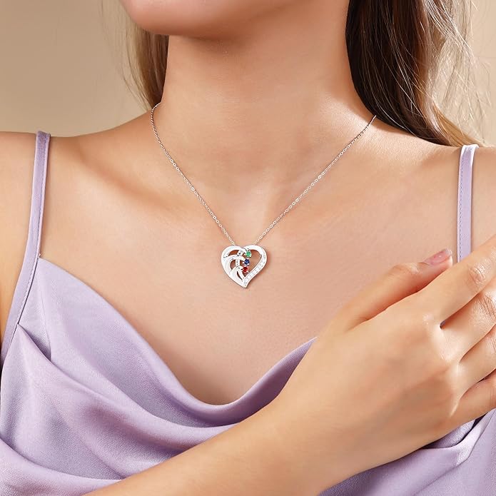 GLAMCARAT Personalized mothers necklace with birthstones names sterling silver jewelry for women customized engraved necklace