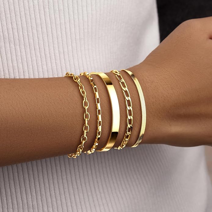 Dainty Thin Gold Bracelet for Women Stack, 14K Gold Plated Bracelet Stackable Set with Bangle Cuff, Box, Herringbone, Paperclip, Figaro, Sparkling Link Chains, Simple Waterproof Non Tarnish Minimalist Gifts for Women Trendy