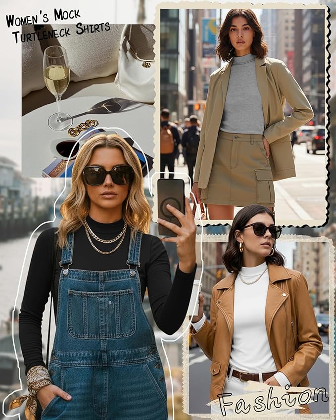 Ficerd 3 Pack Women's Mock Turtleneck Shirts, Long Sleeve Mock Neck Pullover Tops Slim Fitted Stretch Undershirt Tee Blouse