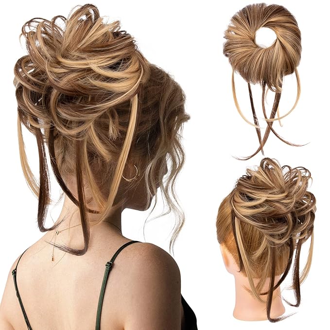 HOOJIH Messy Bun Hair Piece, Super Long Tousled Updo Hair Bun Extensions Wavy Hair Wrap Ponytail Hairpieces Scrunchies with Elastic Band for Women HB007 Grace - Light Ash Brown with Blonde