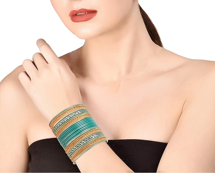 Touchstone Indian Metal Bangles for Women Gold Alloy Bracelets desi 2 Dozen Bangle Collection Bollywood Women's Jewelry Set Multi Stacking Wide Chunky Textured Golden Set of 24 in Gold or White Tone